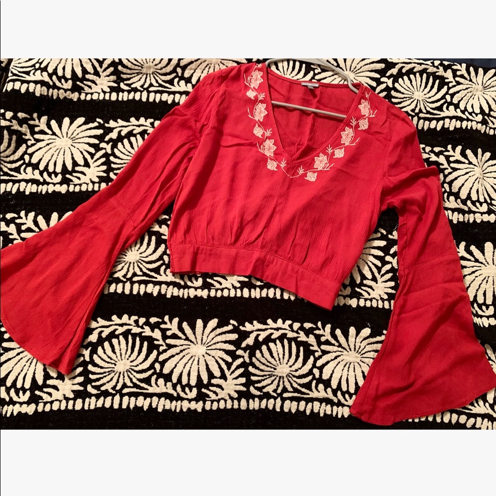 Red Orange Boho Crop Top with Flared Sleeve